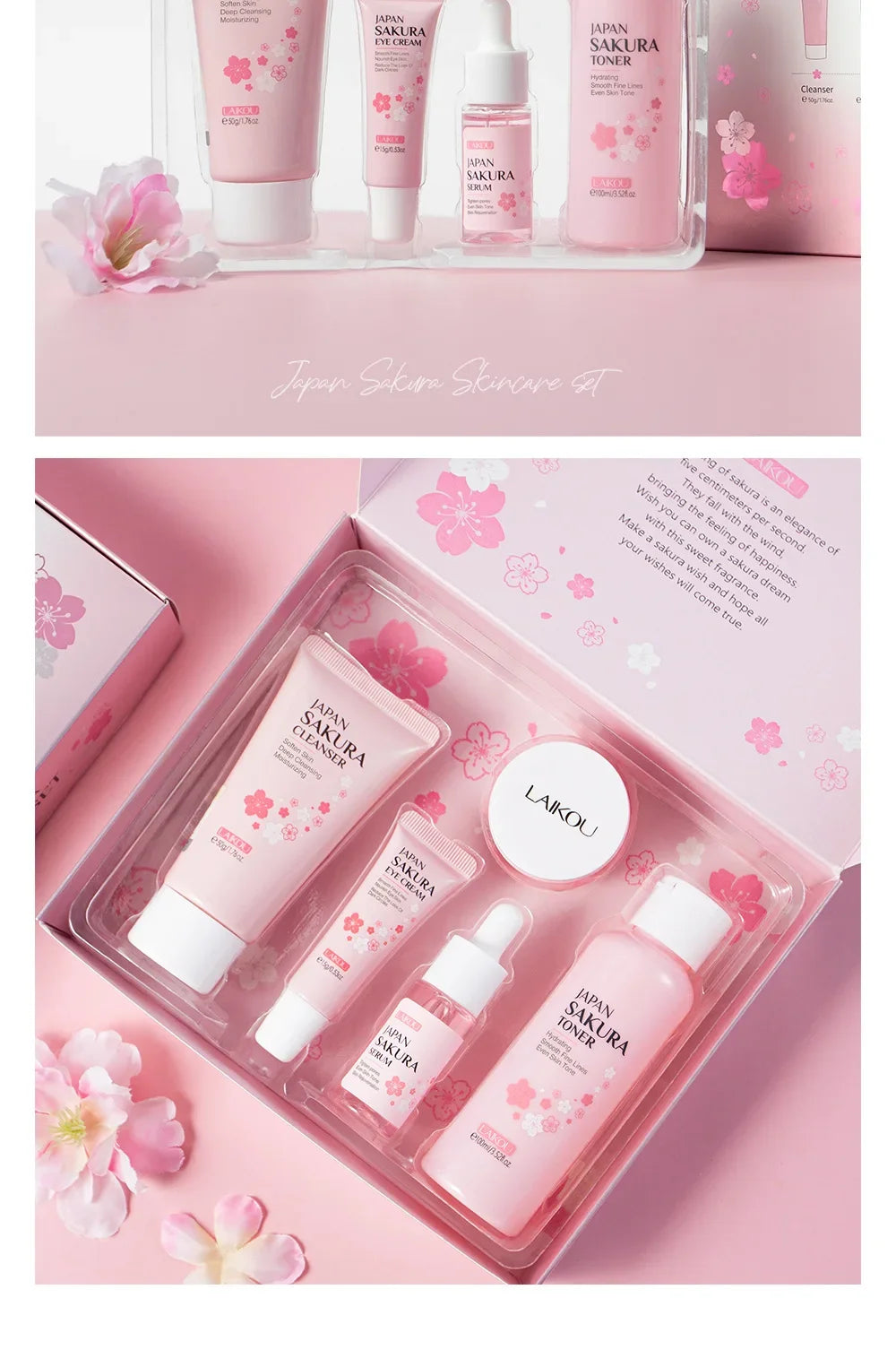 LAIKOU Sakura Kit Skin Care Sets Moisturizing and Reducing Fine Lines Cleansing Pore Product 5-Piece Korean Christmas Gift Set
