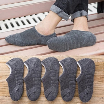 5 Pairs/Lot Men's Fashion Towel Bottom Boat Socks Cotton Sport Sweat Breathes Silicone Anti-Slip Invisible Socks Plus Size 41-45