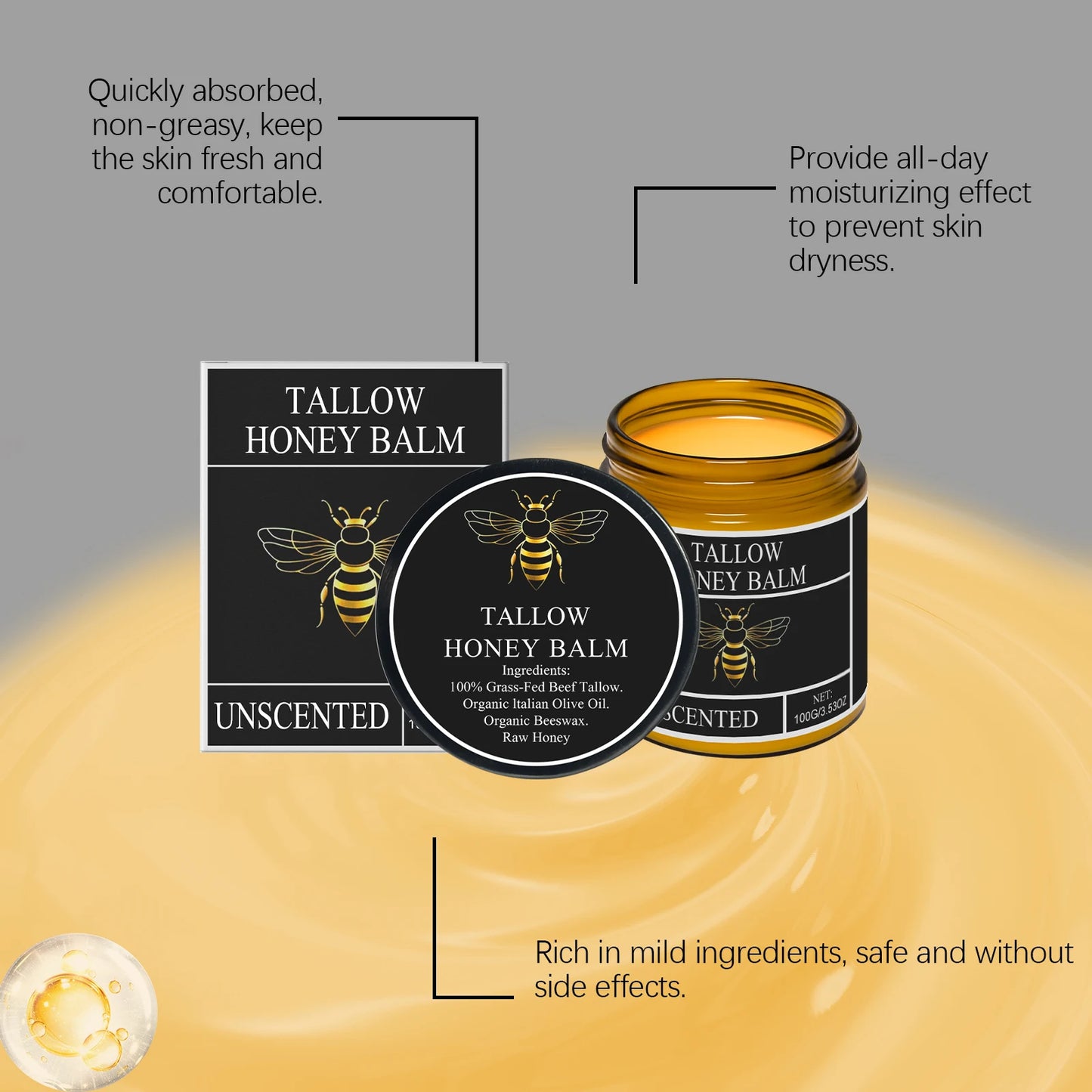 Beef Tallow for Skin Tallow and Honey Balm Organic Grass Fed Whipped Facial Moisturizer Cream Deeply Moisturizing Body Lotion