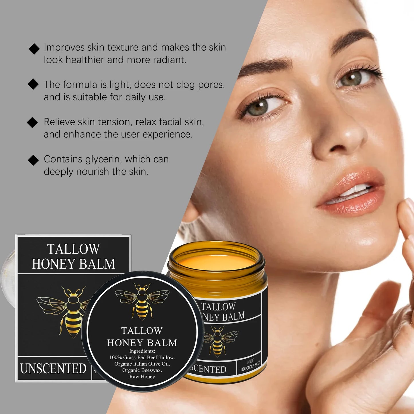 Beef Tallow for Skin Tallow and Honey Balm Organic Grass Fed Whipped Facial Moisturizer Cream Deeply Moisturizing Body Lotion