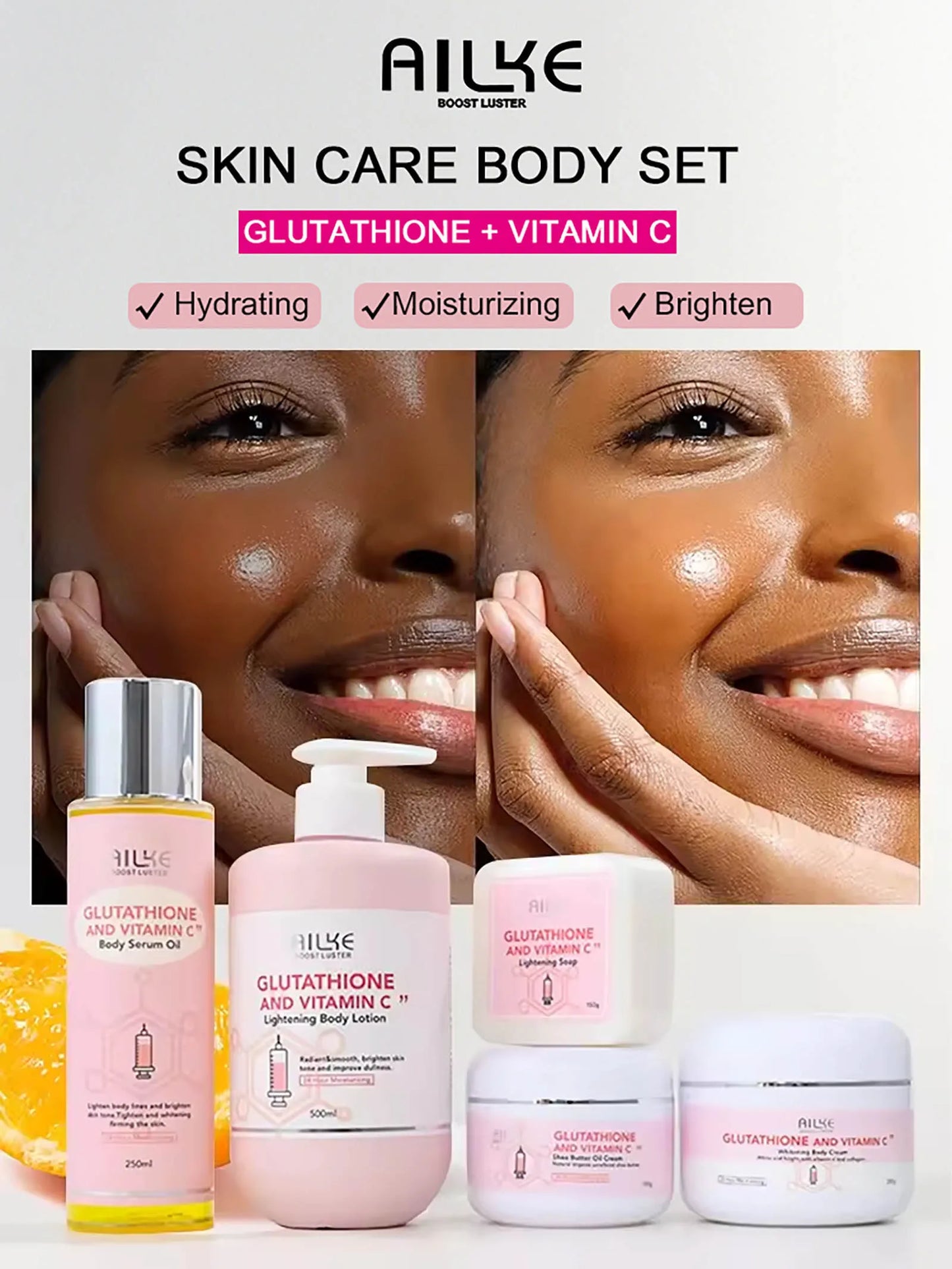 AILKE Whitening Remove Black Spots Facial Skin Care Lotion Moisturizing Cream Body Glutathion Vitamin C Black Skin Face New Set