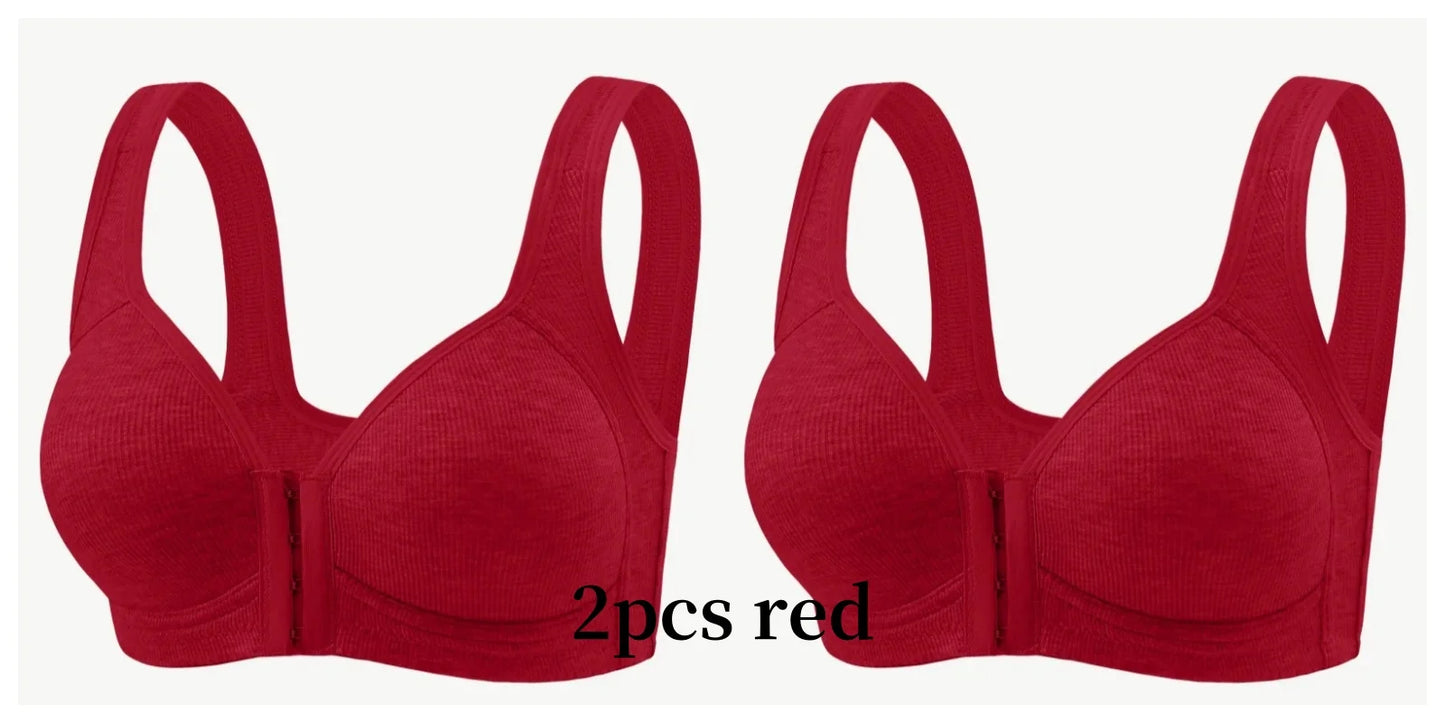 Women's Bra Wire-Free Front Closure Solid Color Full Coverage Fixed Cups More Considerate for Middle-Aged And Elderly Individual