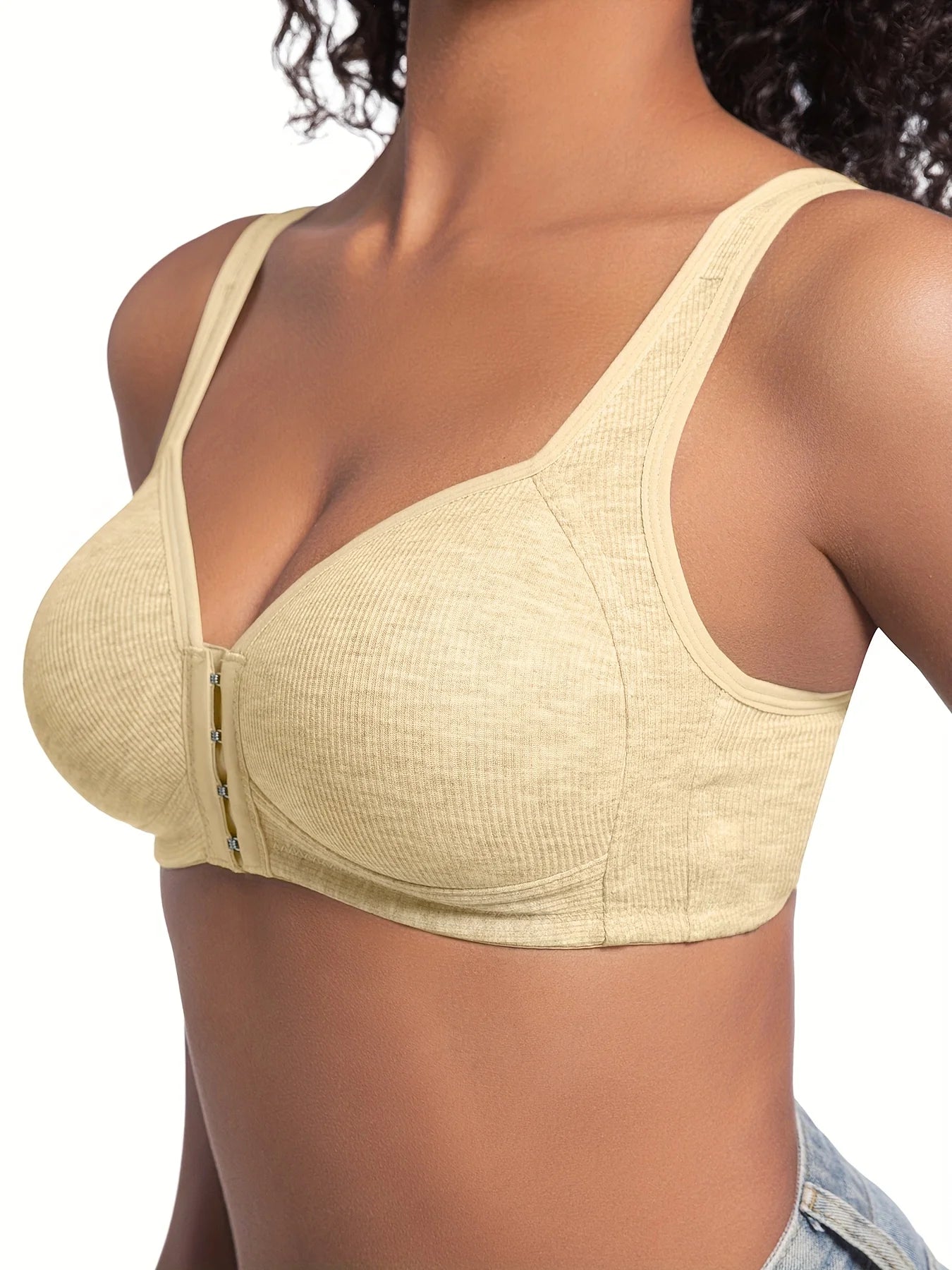 Women's Bra Wire-Free Front Closure Solid Color Full Coverage Fixed Cups More Considerate for Middle-Aged And Elderly Individual