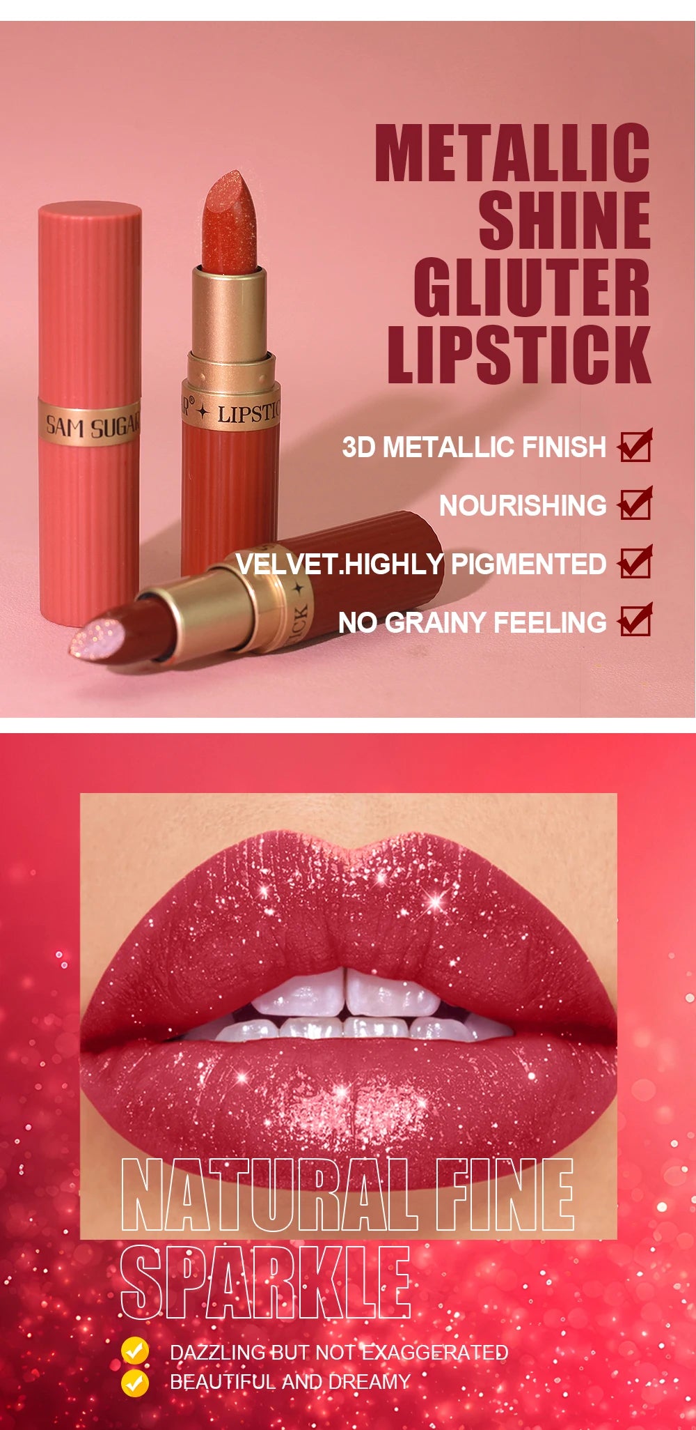 Pearlescent Pink Glitter Velvet Lipstick Metallic Waterproof Long Lasting Matte Shimmer Diamond Lipstick Women Makeup Cosmetic